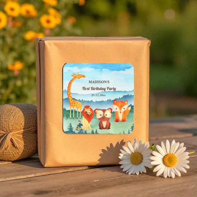 Sticker Carré Bleu Vert Anniversaire Bois Animaux (Créateur téléchargé)