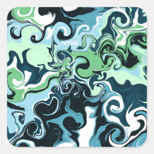 Sticker Carré Bleu, Vert et Blanc tourbillons Abstrait Fluid Art