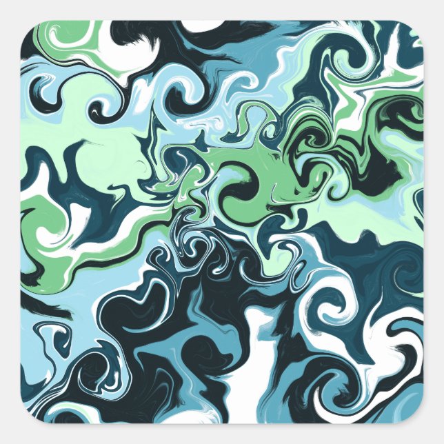 Sticker Carré Bleu, Vert et Blanc tourbillons Abstrait Fluid Art (Devant)