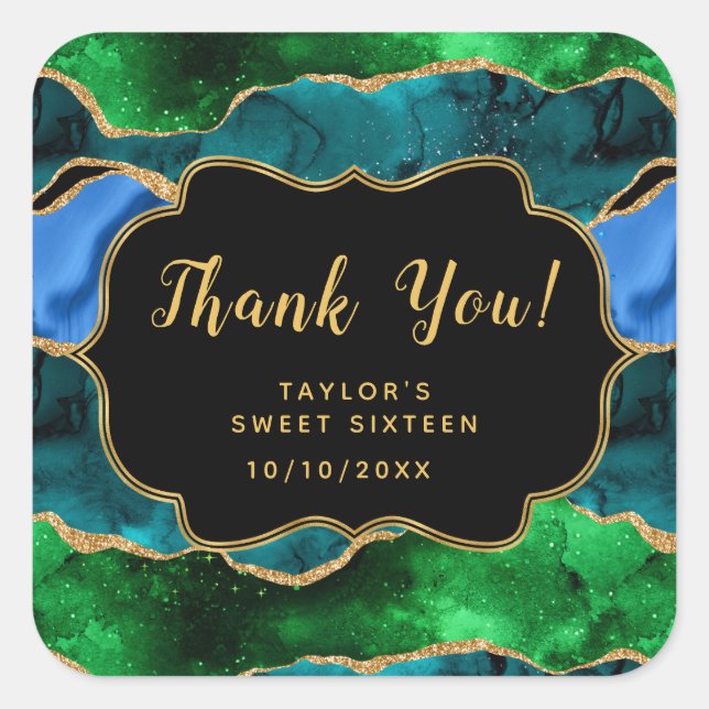 Sticker Carré Bleu vert Peacock Agate Sweet sixteen Merci (Devant)