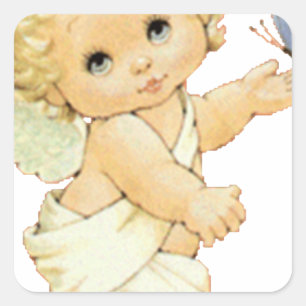 Sticker Carré Blonde Ange bébé avec un papillon.