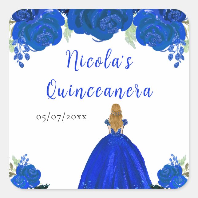 Sticker Carré Blonde Hair Princess Blue Floral Quinceanera (Devant)
