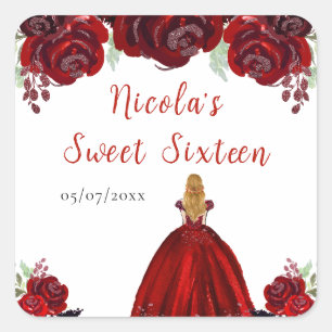 Sticker Carré Blonde Hair Princess Red Floral Sweet sixteen