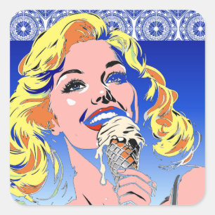 Sticker Carré Blonde mangeant une glace dans un style Pop Art co
