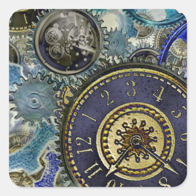Sticker Carré Blue aqua steampunk gears, cogs, clock faces (Devant)