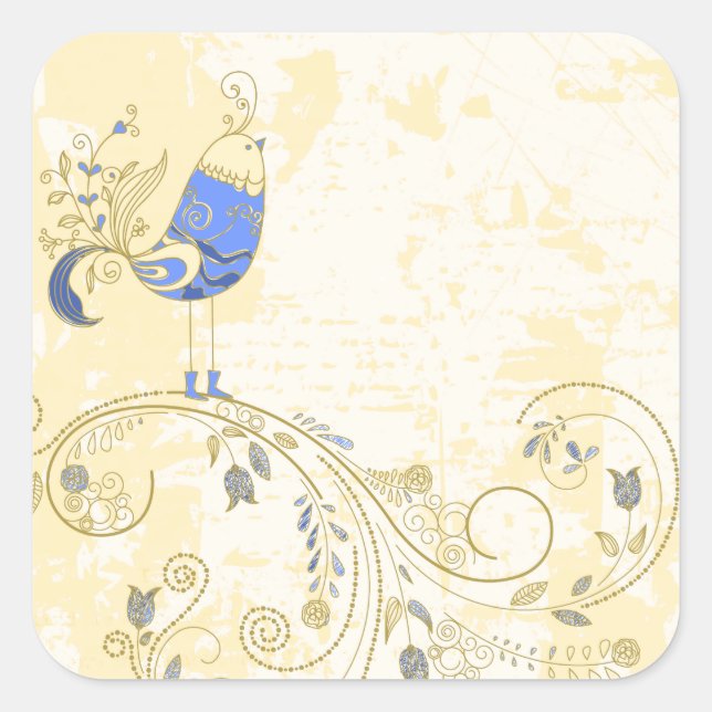 Sticker Carré Blue Bird Retro Floral Art (Devant)