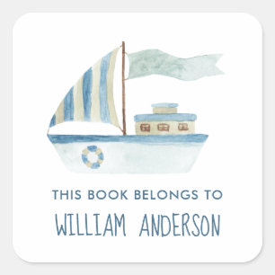 Sticker Carré Blue Boat Nautical Boys École personnalisée