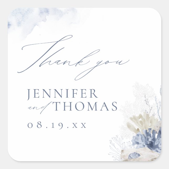Sticker Carré Blue Coral & Seashells Beach Merci de mariage (Devant)