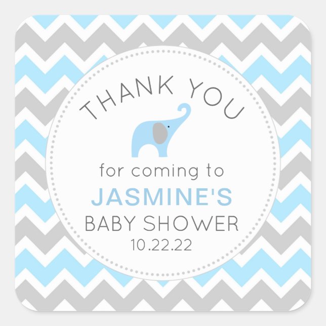 Sticker Carré Blue Elephant garçon baby shower faveur (Devant)