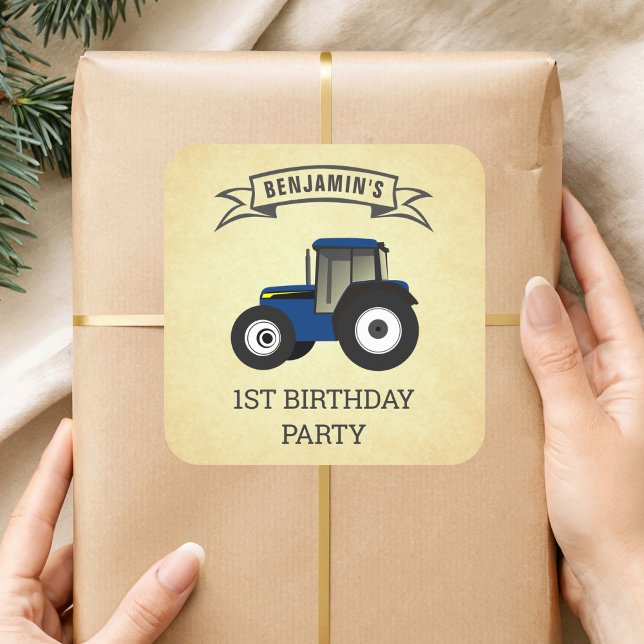 Sticker Carré Blue Farm Tractor Anniversaire de enfant Party (Créateur téléchargé)