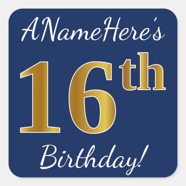 Sticker Carré Blue, Faux Gold 16e anniversaire + Nom personnalis (Devant)