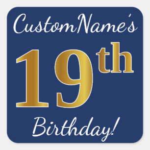 Sticker Carré Blue, Faux Gold 19e anniversaire + Nom personnalis