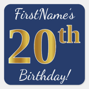 Sticker Carré Blue, Faux Gold 20e anniversaire + Nom personnalis