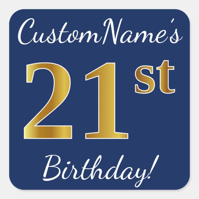 Sticker Carré Blue, Faux Gold 21e anniversaire + Nom personnalis (Devant)