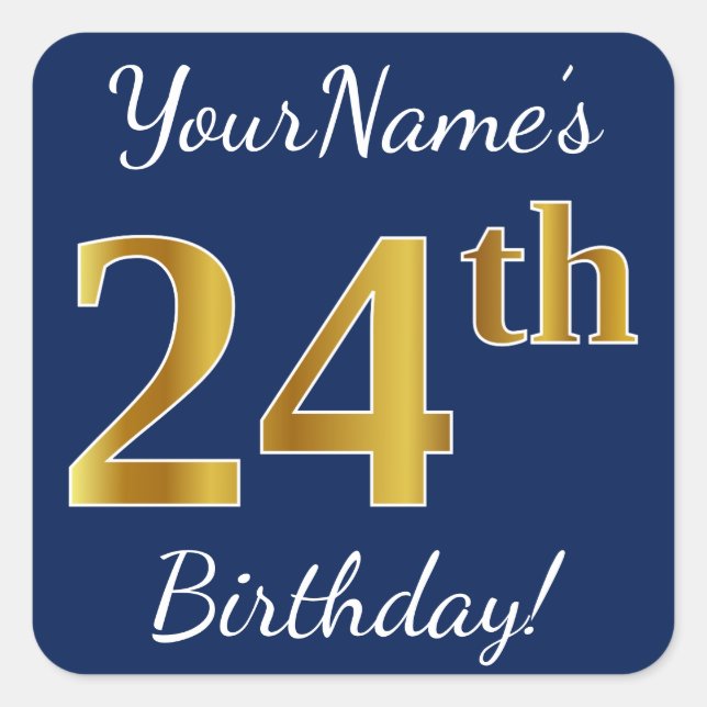 Sticker Carré Blue, Faux Gold 24e anniversaire + Nom personnalis (Devant)