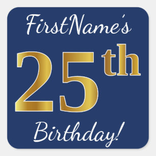 Sticker Carré Blue, Faux Gold 25e anniversaire + Nom personnalis