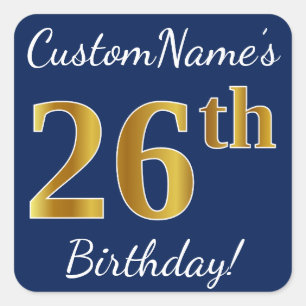 Sticker Carré Blue, Faux Gold 26e anniversaire + Nom personnalis
