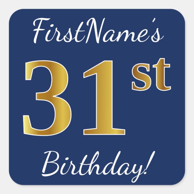 Sticker Carré Blue, Faux Gold 31e anniversaire + Nom personnalis (Devant)