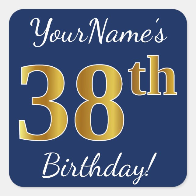 Sticker Carré Blue, Faux Gold 38e anniversaire + Nom personnalis (Devant)