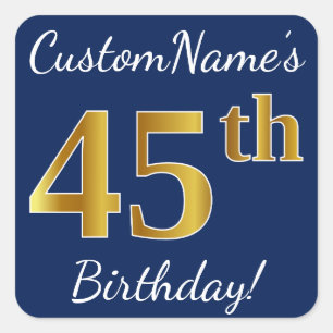 Sticker Carré Blue, Faux Gold 45e anniversaire + Nom personnalis