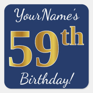 Sticker Carré Blue, Faux Gold 59e anniversaire + Nom personnalis