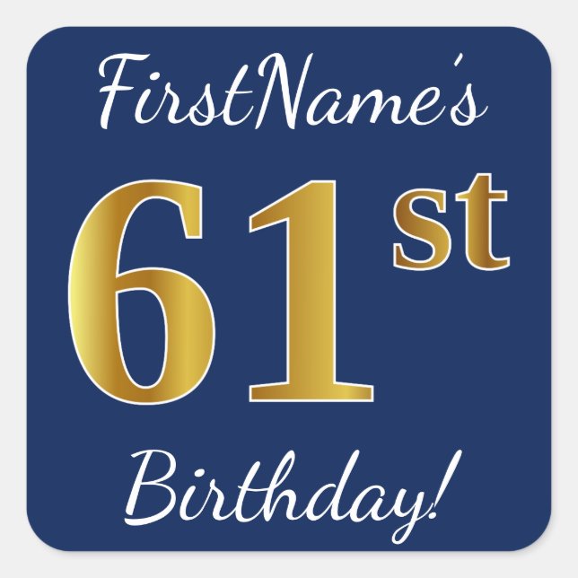 Sticker Carré Blue, Faux Gold 61e anniversaire + Nom personnalis (Devant)