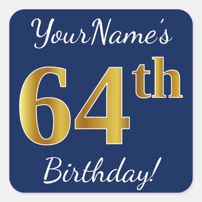 Sticker Carré Blue, Faux Gold 64e anniversaire + Nom personnalis (Devant)