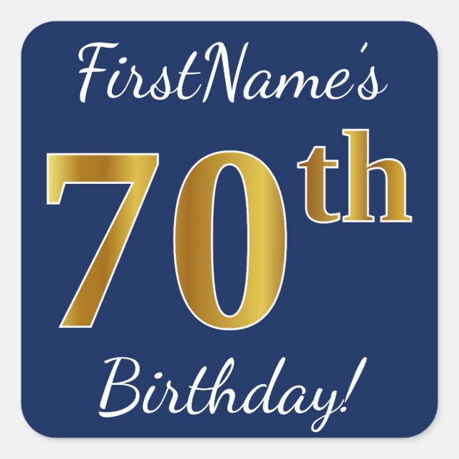 Sticker Carré Blue, Faux Gold 70e anniversaire + Nom personnalis (Devant)