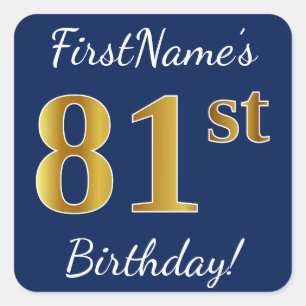 Sticker Carré Blue, Faux Gold 81e anniversaire + Nom personnalis