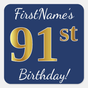 Sticker Carré Blue, Faux Gold 91e anniversaire + Nom personnalis