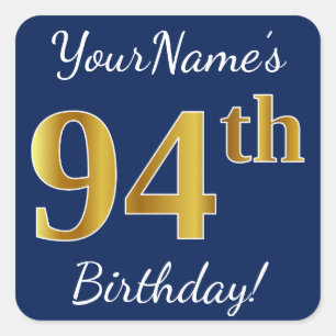 Sticker Carré Blue, Faux Gold 94e anniversaire + Nom personnalis
