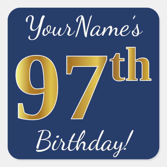 Sticker Carré Blue, Faux Gold 97e anniversaire + Nom personnalis (Devant)