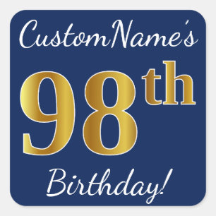 Sticker Carré Blue, Faux Gold 98e anniversaire + Nom personnalis
