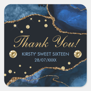 Sticker Carré Blue & Faux Gold Glitter Agate Sweet 16