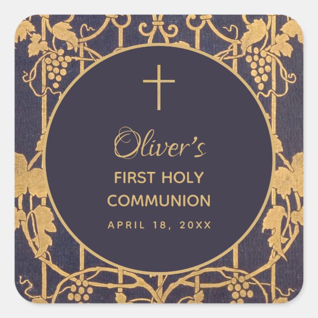 Sticker Carré Blue First Communion Boy Gold Graphe Vines (Devant)