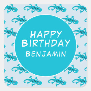 Sticker Carré Blue Gecko Lizard Dessin Enfants Joyeux anniversai