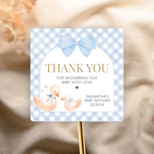 Sticker Carré Blue Gingham Silly Goose Baby Shower (Little Silly Goose Baby Shower Sticker)
