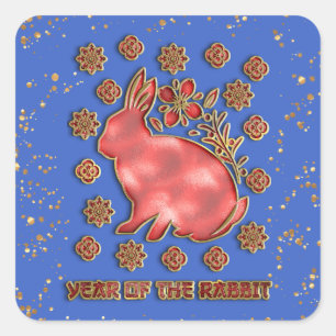 Sticker Carré Blue Gold 2023 Lapin Nouvel An Lunaire Chinois