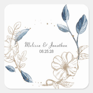 Sticker Carré Blue Gold Moderne Floral Mariage élégant