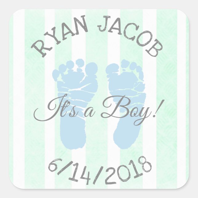 Sticker Carré Blue Green C'est un garçon Footprints Baby shower (Devant)