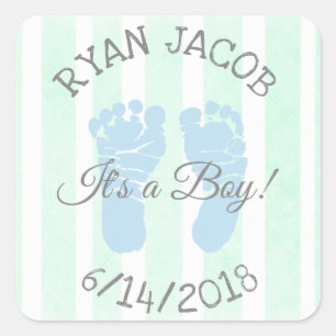 Sticker Carré Blue Green C'est un garçon Footprints Baby shower