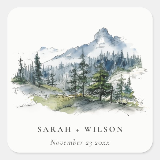 Sticker Carré Blue Green Woods Mountain Paysage Mariage de croqu (Devant)