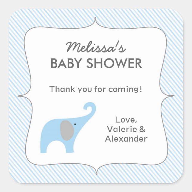 Sticker Carré Blue Grey éléphant baby shower faveur merci (Devant)
