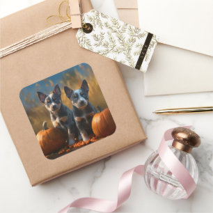 Sticker Carré Blue Heeler Chiot Automne Citrouille de plaisir