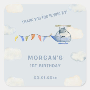Sticker Carré Blue Helicopter mignon Loup premier anniversaire
