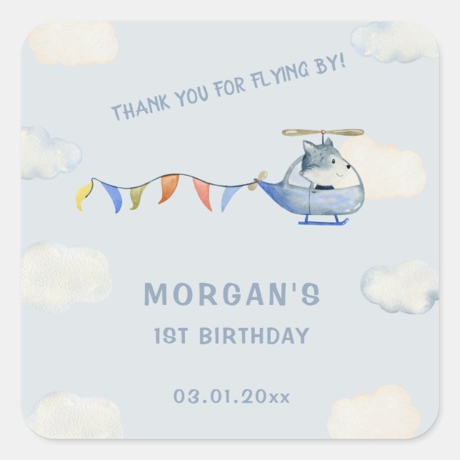 Sticker Carré Blue Helicopter mignon Loup premier anniversaire (Devant)