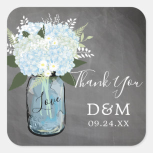 Sticker Carré Blue Hydrangea Mason Jar Chalkboard Mariage Favori