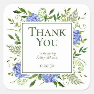 Sticker Carré Blue Hydrangeas Boy Baby shower Merci