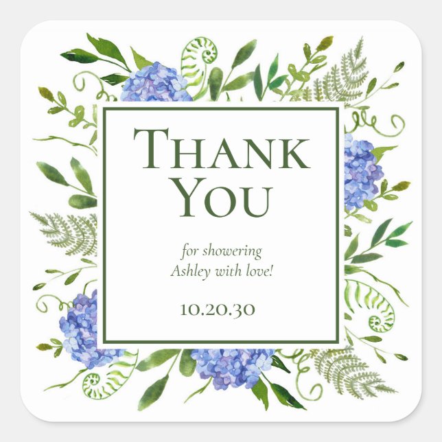 Sticker Carré Blue Hydrangeas Boy Baby shower Merci (Devant)