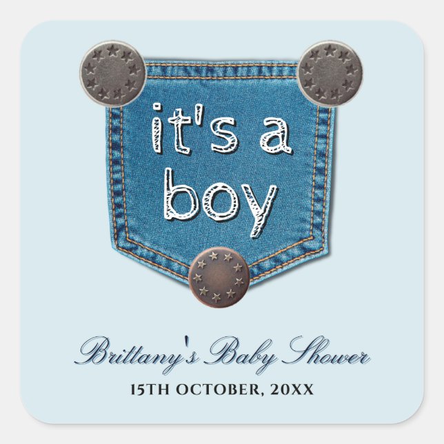 Sticker Carré Blue Jean Denim C'est un Baby shower garçon (Devant)